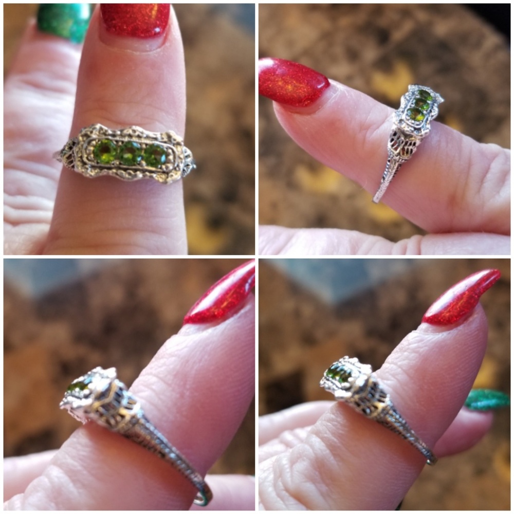 Genuine 1ct 3 gem Peridot Filigree Ring Size 8 - Picture 3 of 6